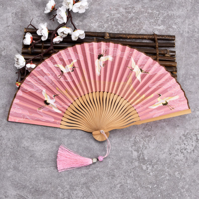 Buddha Stones Vintage Cloud Crane Pattern Handheld Bamboo Folding Fan - Pink - image 6