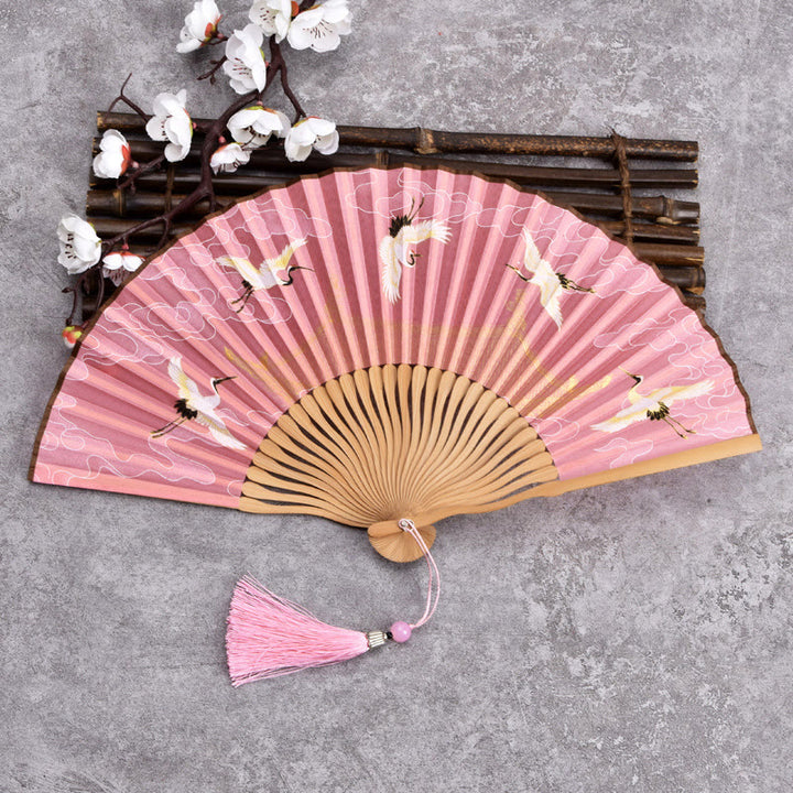 Buddha Stones Vintage Cloud Crane Pattern Handheld Bamboo Folding Fan - Pink - image 6