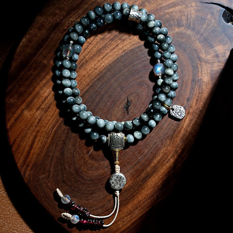 Buddha Stones 925 Sterling Silver 108 Mala Beads Eagle's Eye Stone Moonstone Positive Bracelet - image 1