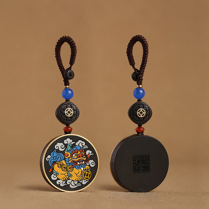Buddha Stones PiXiu Copper Coin Ebony Wood Luck Attract Wealth Key Chain Decoration - image 2