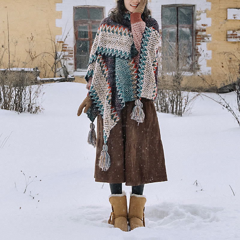 Buddha Stones Tibetan Shawl Blue Beige Red Wavy Pattern Winter Warm Tassel Scarf - image 1