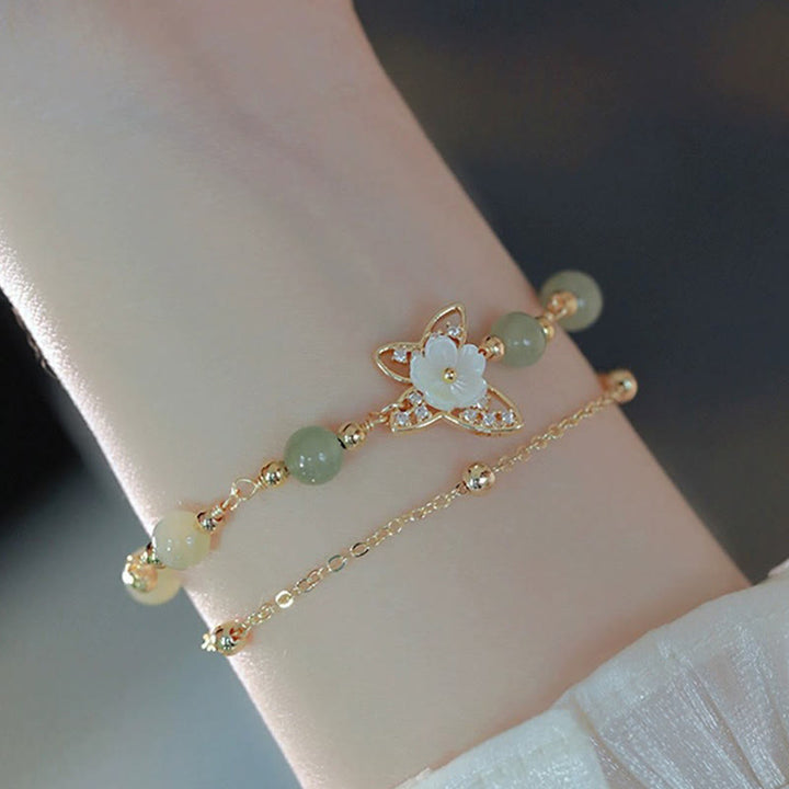 Buddha Stones 14K Gold Plated Jade Butterfly Tridacna Stone Flower Double Layer Luck Bracelet - image 2