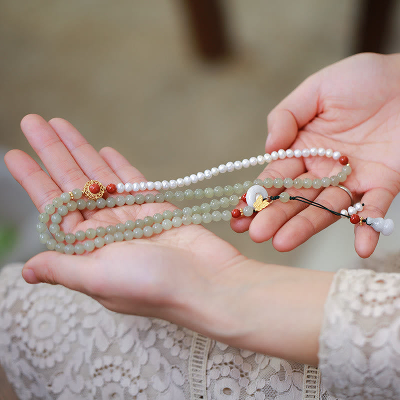 Buddha Stones 925 Sterling Silver Plated Gold Natural Hetian Jade Pearl Butterfly Gourd Luck Bracelet - Hetian Jade&Pearl - image 0