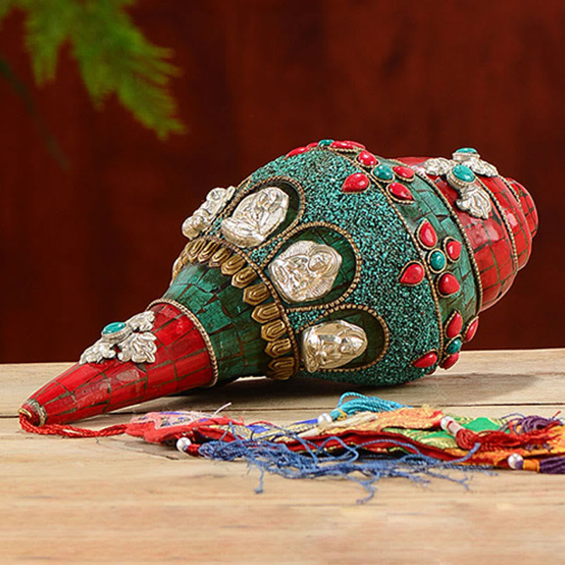 Tibetan Handmade Shankha Om Mani Padme Hum Buddha Avalokitesvara Turquoise Conch Shell Positive Decoration - image 2
