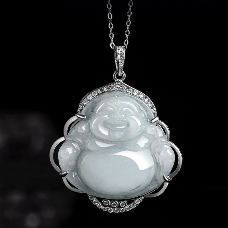Buddha Stones 925 Sterling Silver Laughing Buddha Natural Jade Abundance Necklace Pendant - image 3