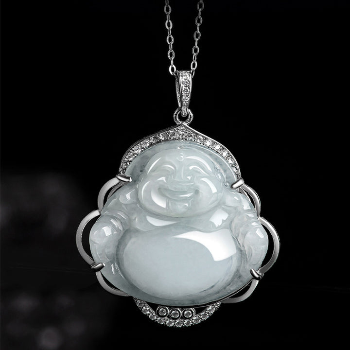Buddha Stones 925 Sterling Silver Laughing Buddha Natural Jade Abundance Necklace Pendant - image 3