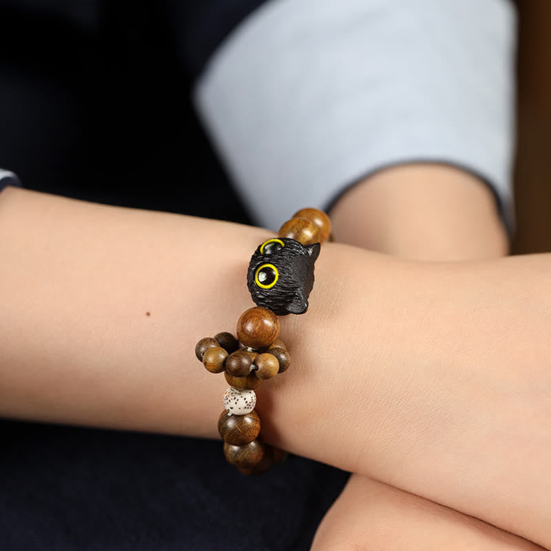 Buddha Stones Green Sandalwood Ebony Wood Cat Peace Soothing Bracelet - image 3