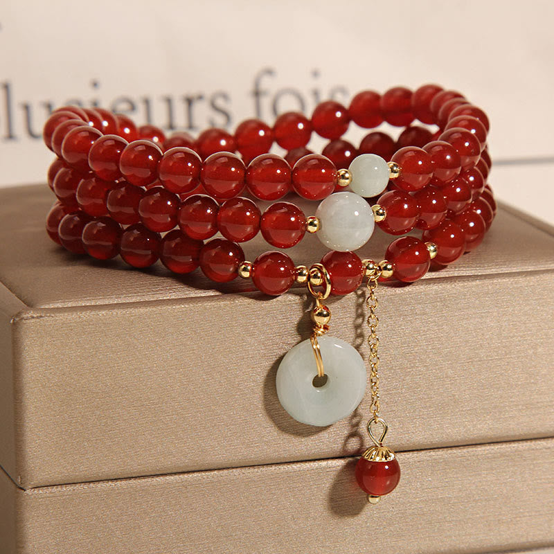 Buddha Stones Natural Red Agate Jade Peace Buckle Calm Triple Wrap Bracelet - image 2