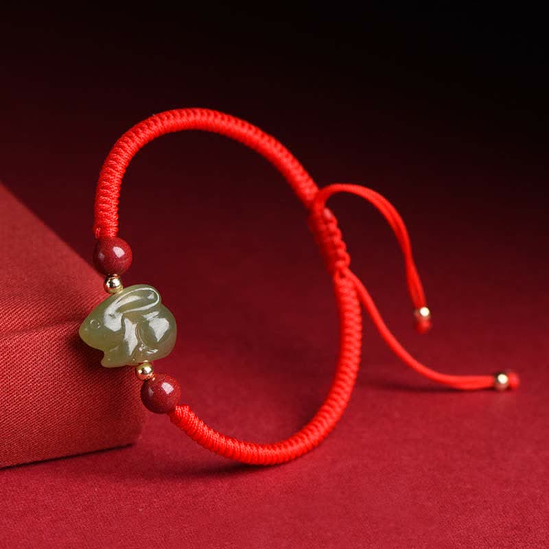 Year of the Rabbit Hetian Jade Bunny Cinnabar Beaded Abundance String Bracelet - image 5