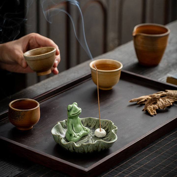 Buddha Stones Leaf Meditation Frog Pattern Healing Ceramic Incense Burner Decoration - image 5