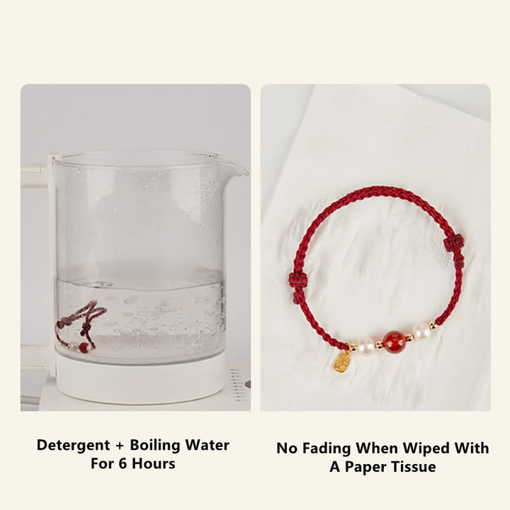 Buddha Stones 925 Sterling Silver Good Fortune Fu Character Agate Pearl Red String Braid Bracelet - image 8