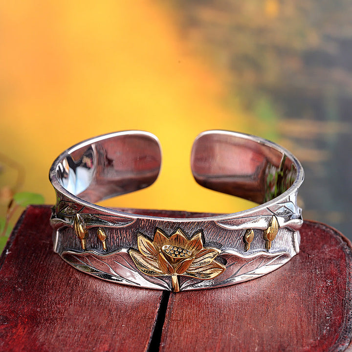 Buddha Stones 925 Sterling Silver Lotus Flower Calm Bracelet Adjustable Bangle - image 2