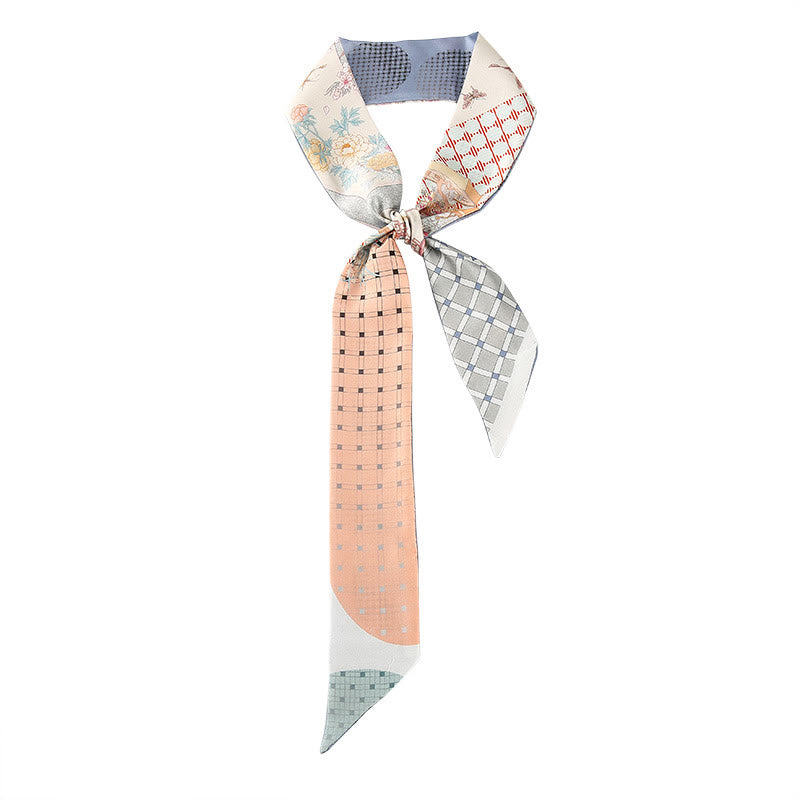 Buddha Stones Dunhuang Frescoes Mountains Sunset Floral Pattern 100% Mulberry Twilly Silk Neck Hair Scarf - Antique Maid-Blue - image 5