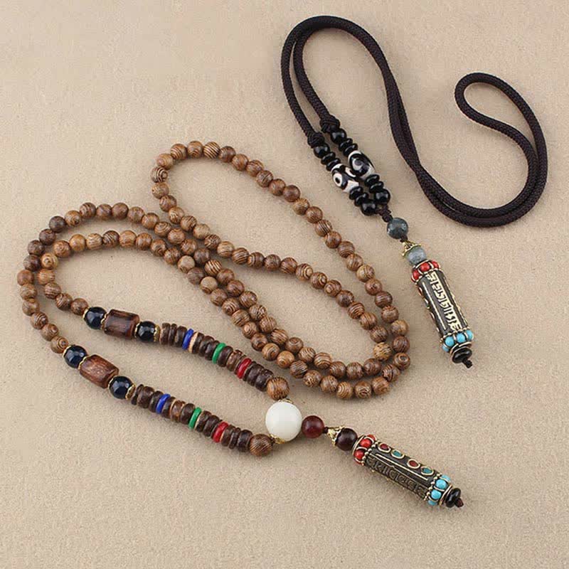 Buddha Stones Tibetan Om Mani Padme Hum Dzi Bead Wenge Wood Necklace Pendant - image 6