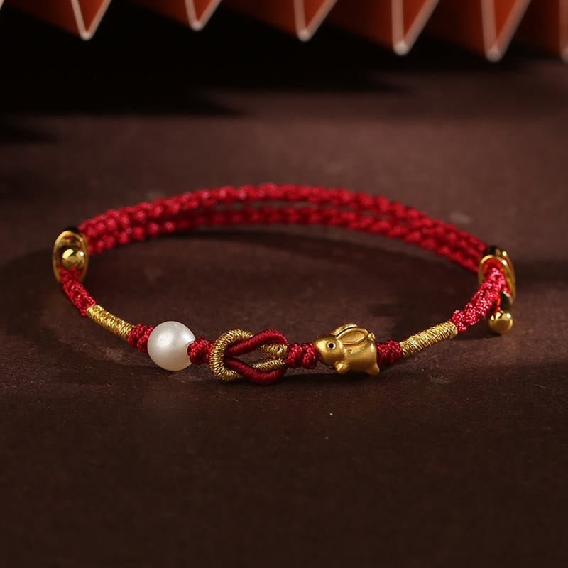 Buddha Stones 24K Gold Wish Ruyi Handle Fu Character Rabbit Pearl Luck Braided Bracelet - 24K Gold Rabbit Pearl(Wrist Circumference 14-19cm) - image 10