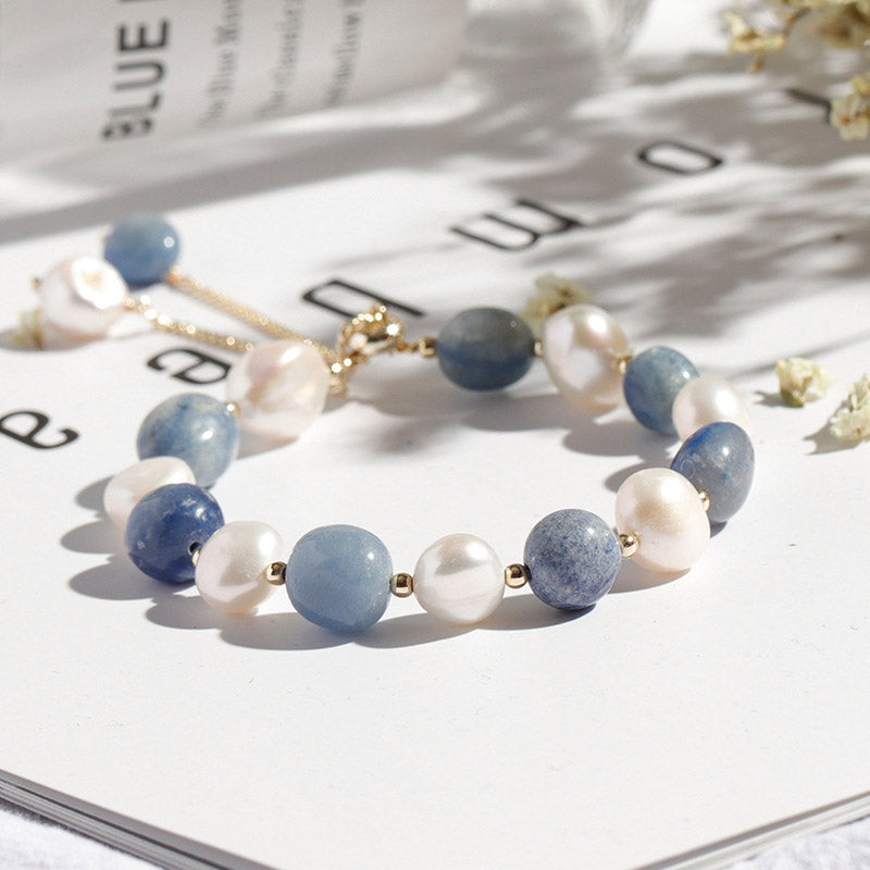 Buddha Stones Natural Blue Aventurine Crystal Pearl Bead Healing Bracelet - image 1