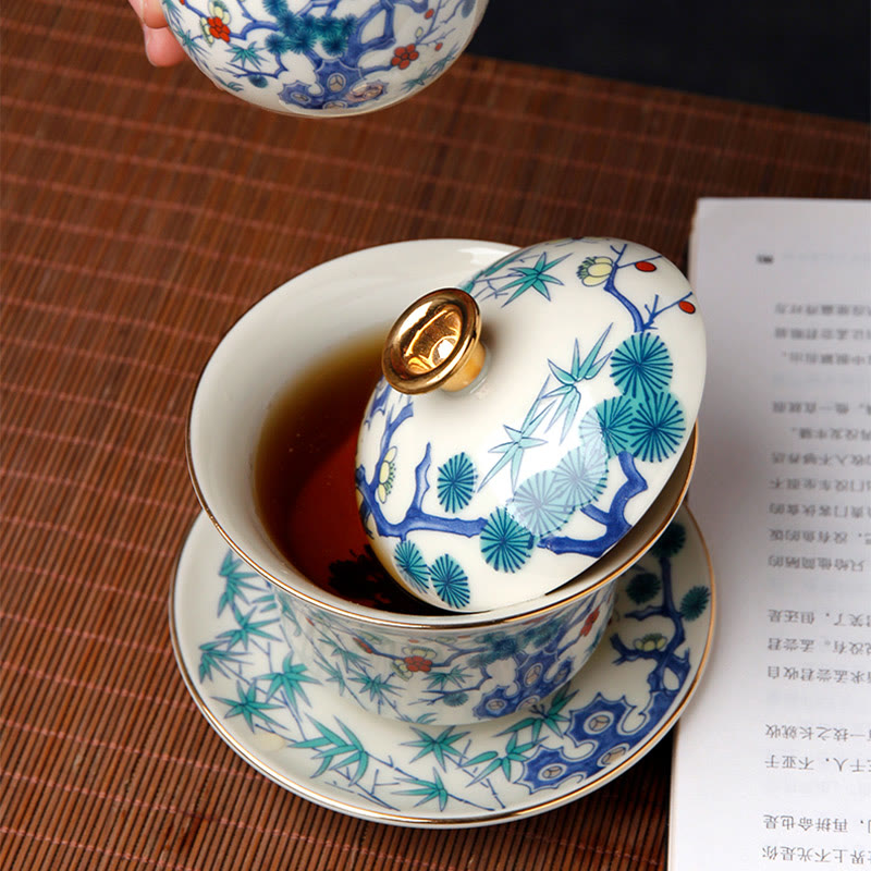Buddha Stones Retro Plum Blossom Pine Bamboo Phoenix Kirin Ceramic Gaiwan Sancai Teacup Kung Fu Tea Cup and Saucer with Lid - image 2