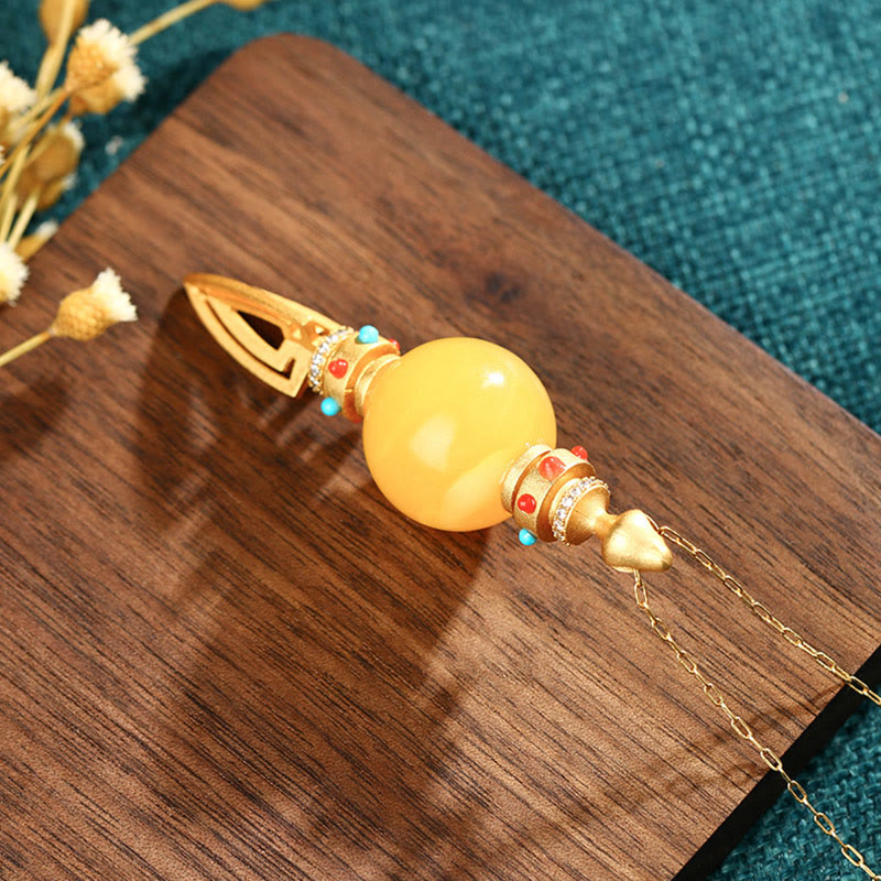 24K Gold Plated Amber Dorje Vajra Clear Anxiety Necklace Pendant - image 3