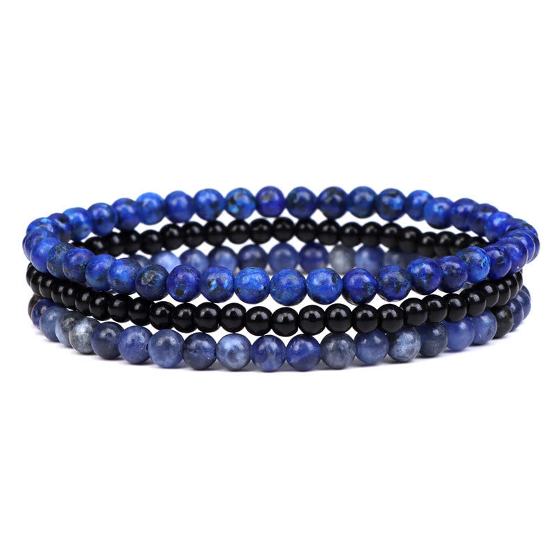 Buddha Stones 3Pcs Natural Crystal Stone Inner Peace Spiritual Bracelet - Lazurite&Black Glass Beads&Sodalite(Wrist Circumference 15-19cm) - image 8