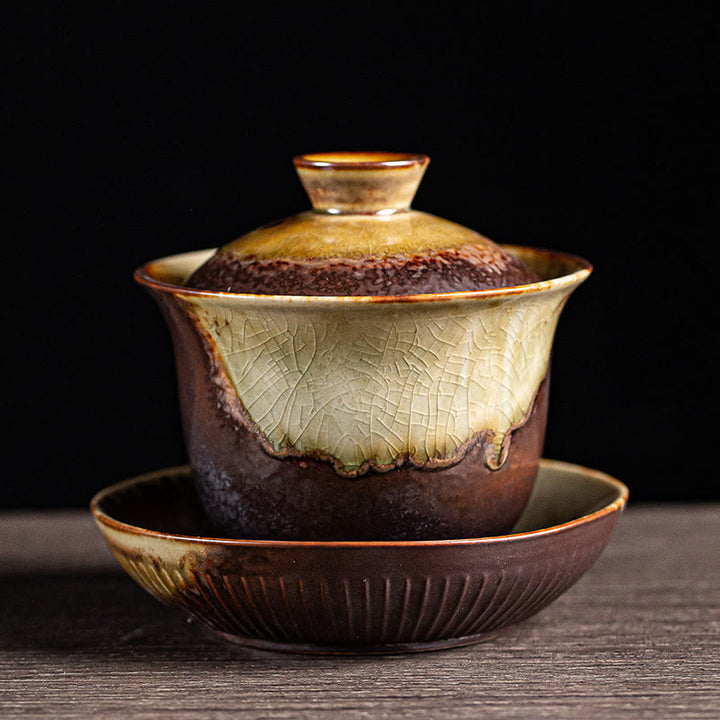 Buddha Stones Vintage Brown Kiln Change Design Porcelain Ceramic Gaiwan Sancai Teacup Kung Fu Tea Cup And Saucer With Lid - 10cm*10.5cm*230ml - image 5