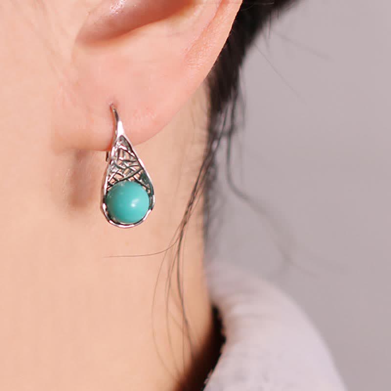 Buddha Stones 925 Sterling Silver Turquoise Beaded Pattern Protection Drop Dangle Earrings - 925 Sterling Silver&Turquoise - image 0