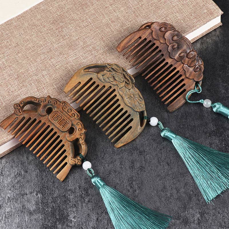 Green Sandalwood Fox Peony Flower Lotus Engraved Cure Tassel Comb - image 1