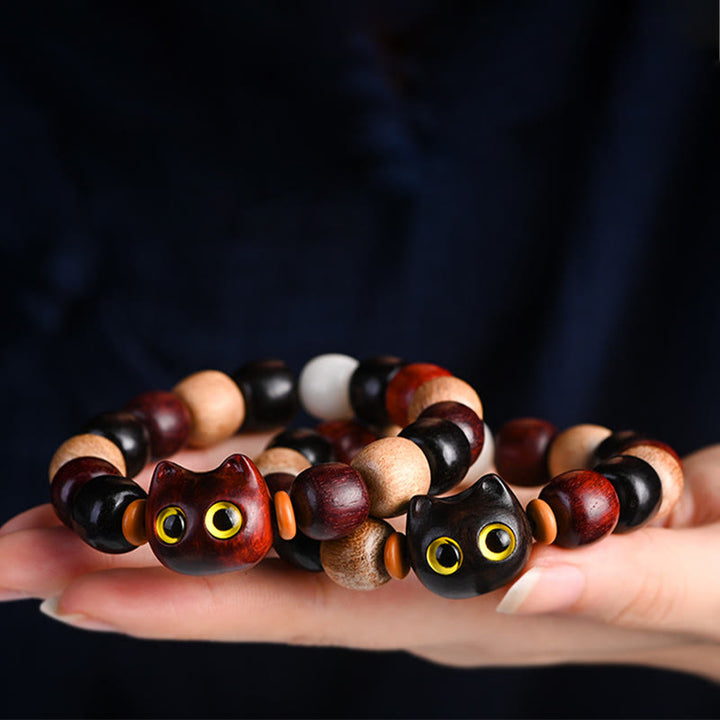 Buddha Stones Small Leaf Red Sandalwood Ebony Wood Cute Cat Engraved Protection Bracelet - image 20
