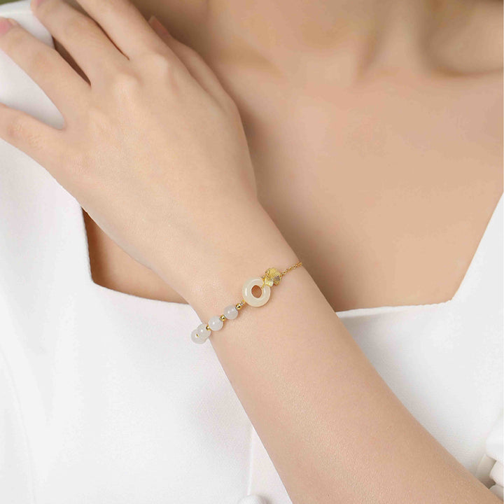 Buddha Stones 925 Sterling Silver Hetian White Jade Peace Buckle Ginkgo Leaf Luck Bracelet - image 2