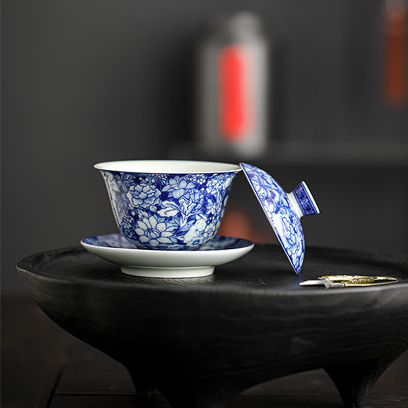 Buddha Stones Vintage Blue And White Porcelain Ceramic Gaiwan Sancai Teacup Kung Fu Tea Cup And Saucer With Lid - image 9