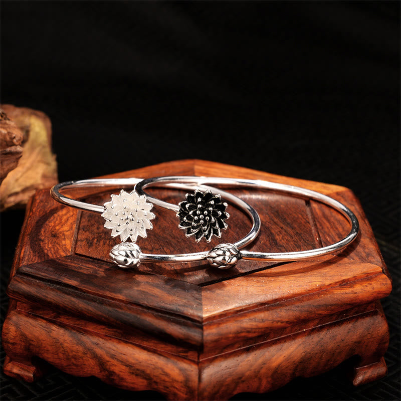Buddha Stones Retro Lotus White Copper Enlightenment Bracelet Bangle - image 1
