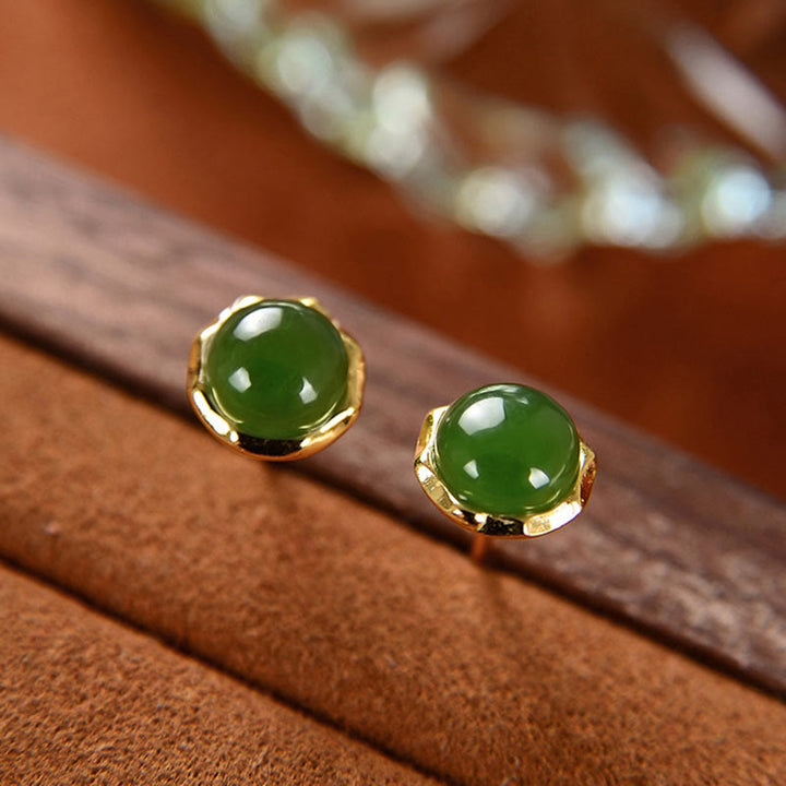 Buddha Stones 925 Sterling Silver Plated Gold Natural Hetian Cyan Jade Bead Luck Stud Earrings - Hetian Cyan Jade(Success♥Healing) - image 0