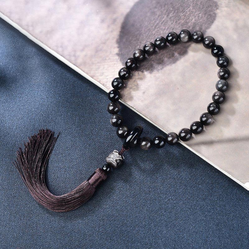 Buddha Stones Natural Silver Sheen Obsidian Lion Wrist Mala Protection Tassels Pocket Mala Car Decoration - 12mm - image 1