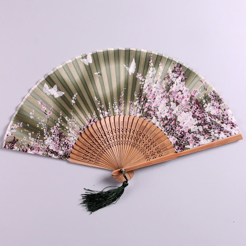 Buddha Stones Butterfly Flowers Handheld Bamboo Folding Fan - Light Green - image 7