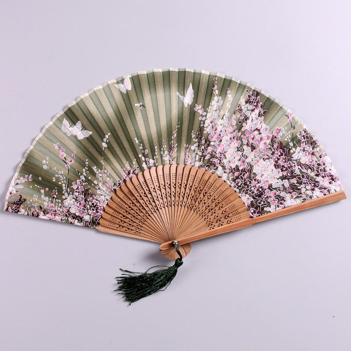 Buddha Stones Butterfly Flowers Handheld Bamboo Folding Fan - Light Green - image 7
