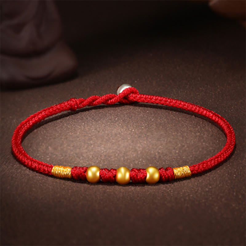 Buddha Stones 999 Gold Beads Luck King Kong Knot Handmade Braided Protection Bracelet - Three Gold Beads - Red Rope - 24cm - image 3