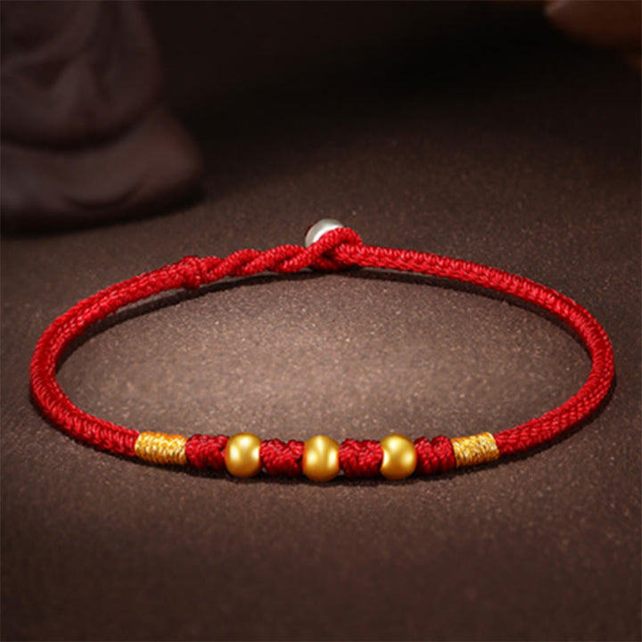 Buddha Stones 999 Gold Beads Luck King Kong Knot Handmade Braided Protection Bracelet - Three Gold Beads - Red Rope - 24cm - image 3