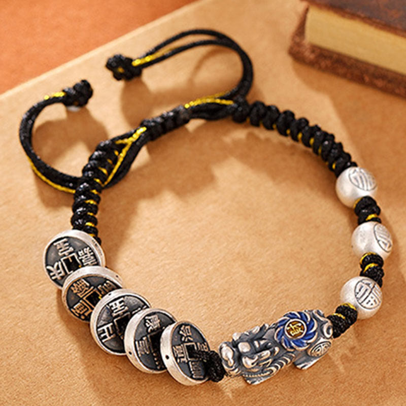 Buddha Stones 999 Sterling Silver FengShui PiXiu Copper Coin Fu Character Wealth Braided Bracelet - image 7