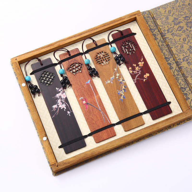 Buddha Stones 4Pcs Four Seasons Plum Orchid Bamboo Chrysanthemum Peking Opera Mask Wood Bookmarks With Gift Box - image 1