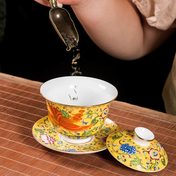 Buddha Stones Dragon Phoenix Flower Design Ceramic Gaiwan Sancai Teacup Kung Fu Tea Cup And Saucer With Lid - image 5