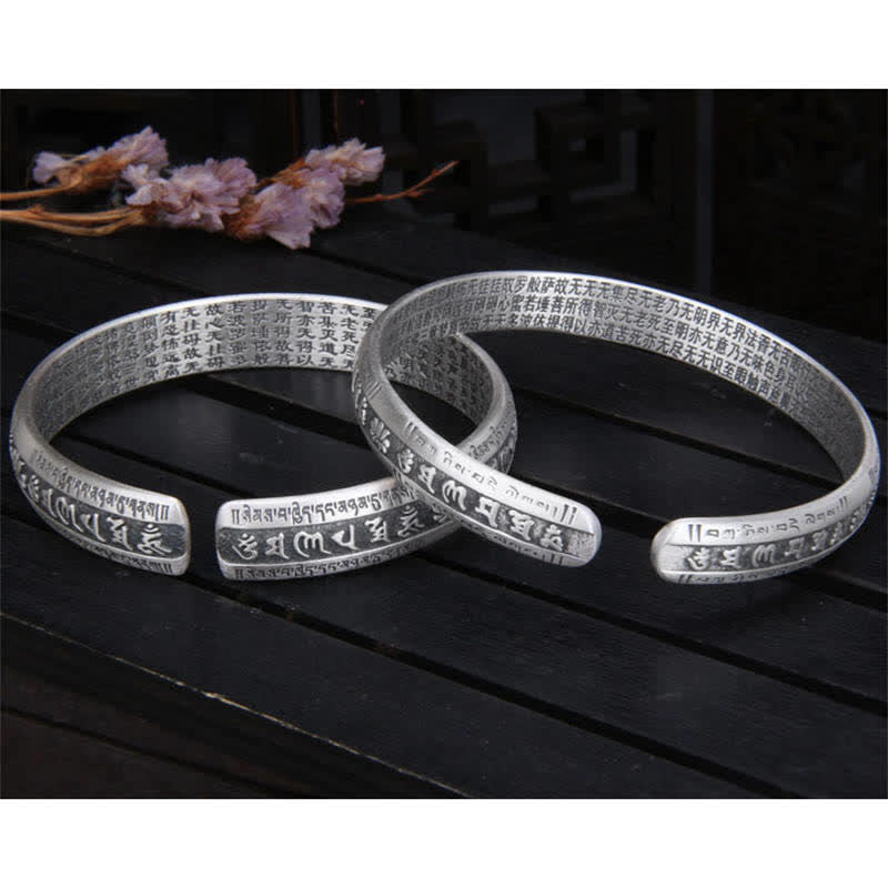 Buddha Stones 999 Sterling Silver Om Mani Padme Hum Heart Sutra Lotus Peace Bracelet Bangle - image 6