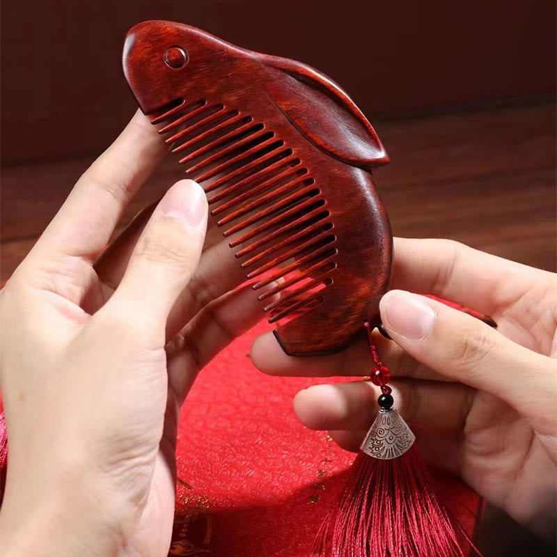 Small Leaf Red Sandalwood Cute Bunny Rabbit Sooth Comb With Gift Box - image 5