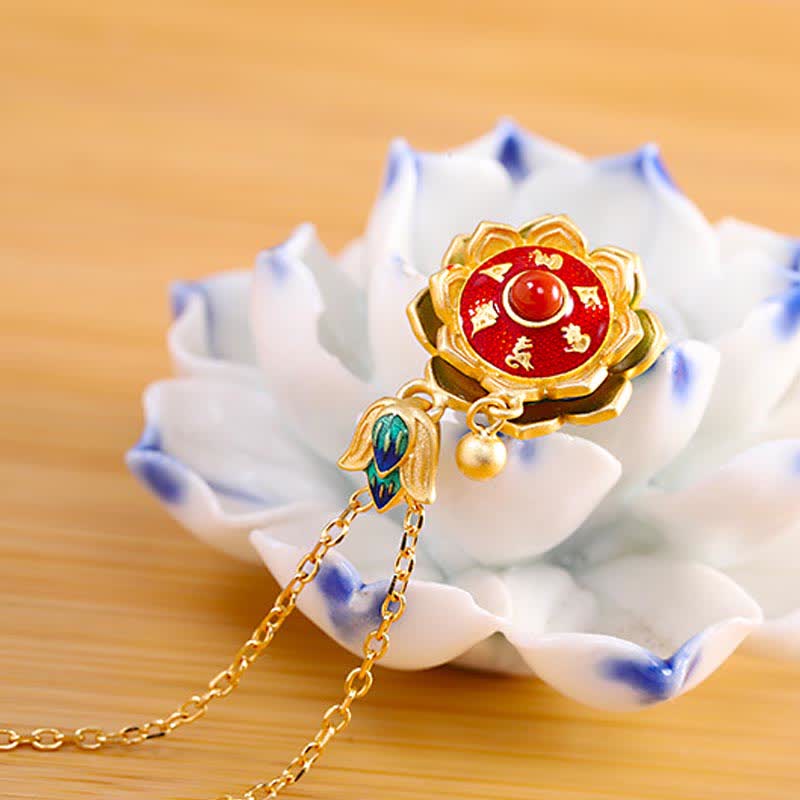 Buddha Stones 925 Sterling Silver Tibet Lotus Prayer Wheel Red Agate Enlightenment Necklace Pendant - image 2