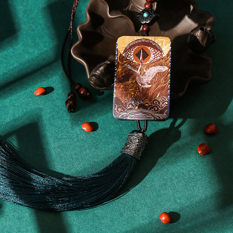 Buddha Stones Vintage Handmade Auspicious Crane Ebony Wood Balance Tassel Car Hanging Decoration - image 1