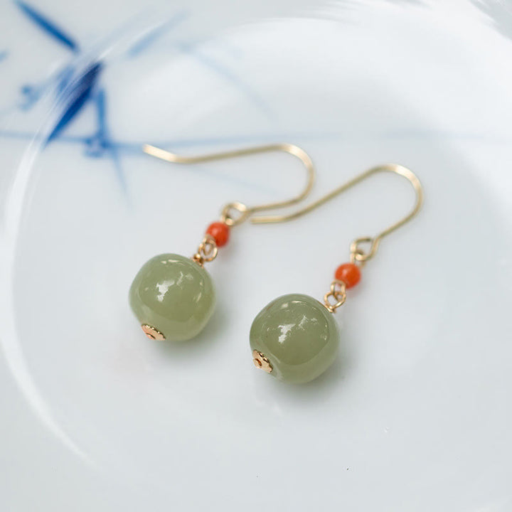 Buddha Stones 925 Sterling Silver Plated 14k Gold Hetian Jade Red Agate Luck Drop Dangle Earrings - image 2