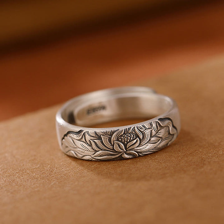 Buddha Stones 999 Sterling Silver Lotus Flower Plum Blossom Auspicious Clouds Engraved Enlightenment Ring - image 2