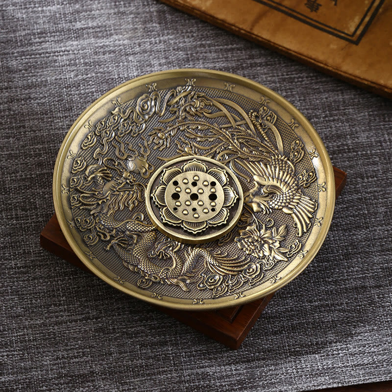 Buddha Stones Lotus Dragon Phoenix Eight Auspicious Symbols Zinc Alloy Incense Stick Holder Healing Incense Burner Decoration - Dragon Phoenix Bronze(With Lotus Nine-Hole Incense Stick) - image 7