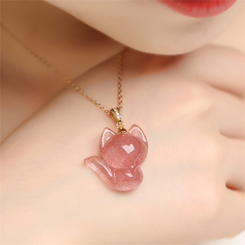 Buddha Stones 14k Gold Plated 925 Sterling Silver Strawberry Quartz Fox Healing Necklace Pendant - image 3