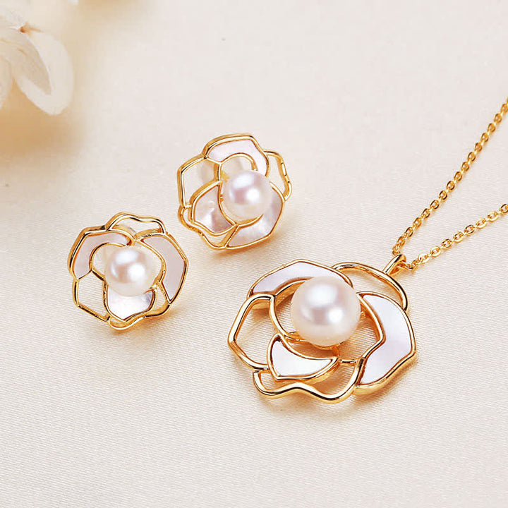 Buddha Stones 925 Sterling Silver Pearl Camellia Pattern Happiness Necklace Pendant Earrings - Earrings&Necklace - image 0
