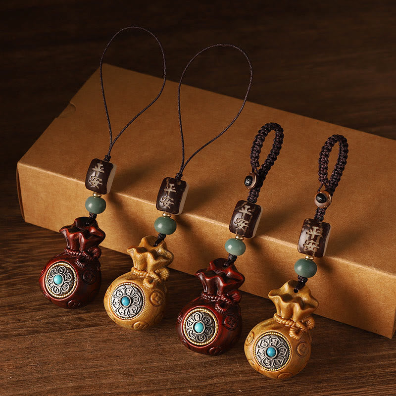 Buddha Stones Small Leaf Red Sandalwood Green Sandalwood Money Bag Om Mani Padme Hum Rotatable Protection Keychain Phone Hanging Decoration - image 1