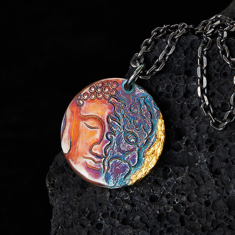 Buddha Stones 999 Sterling Silver 24K Gold Half Demon Half Buddha Compassion Necklace Pendant - 999 Sterling Silver - image 0